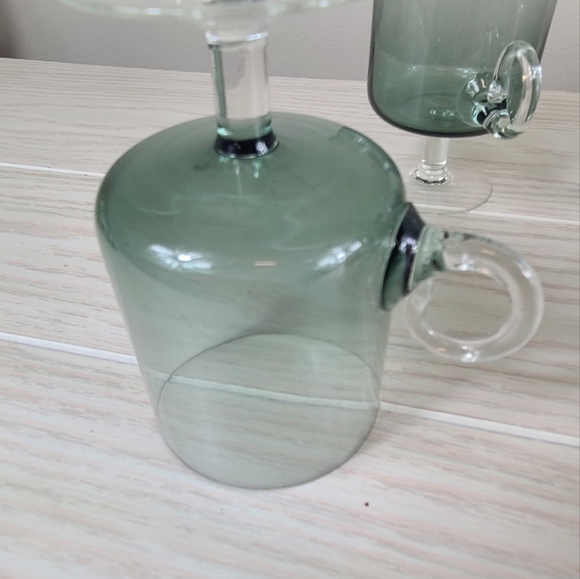 Vintage Hand Blown Smokey Glasses Footed Applied Handles - Picture 11 of 11